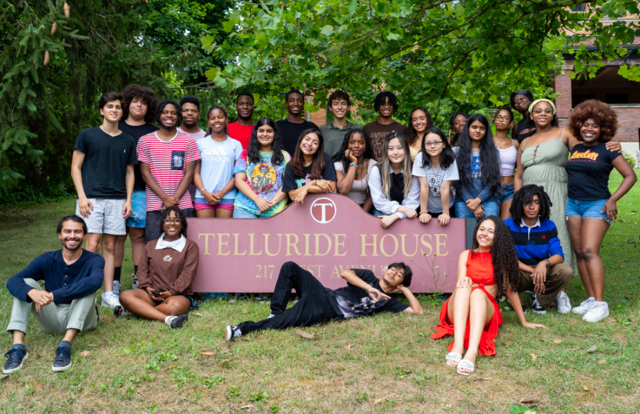 Group photo of Cornell TASS 2024 with the Telluride House sign.